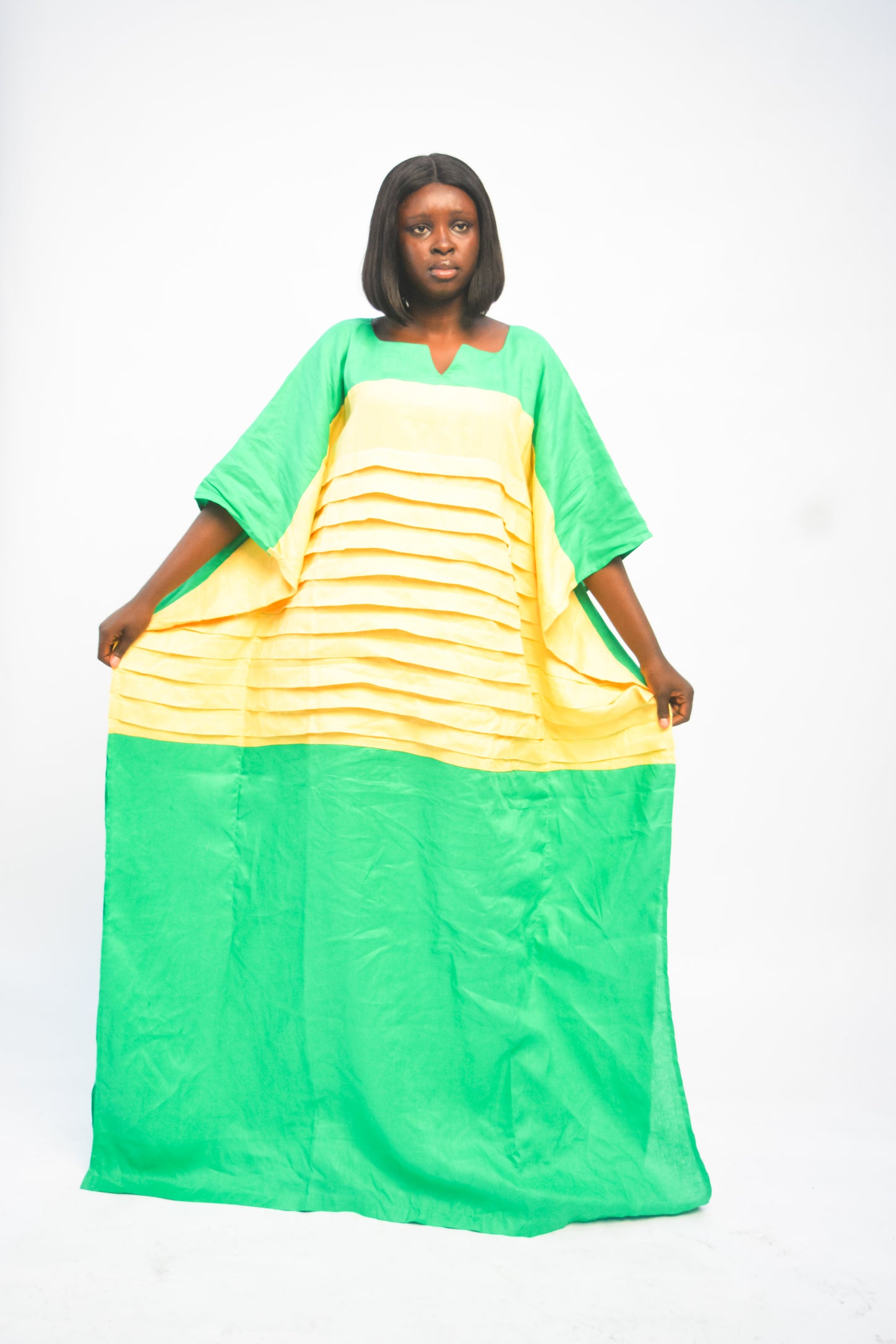 Long Pleated Dress - Green & Yellow