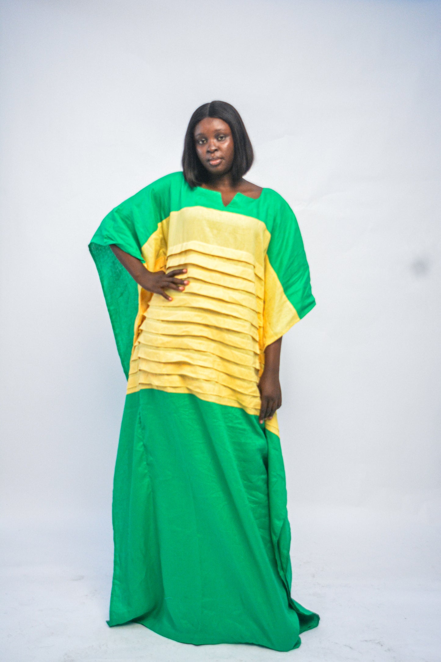 Long Pleated Dress - Green & Yellow