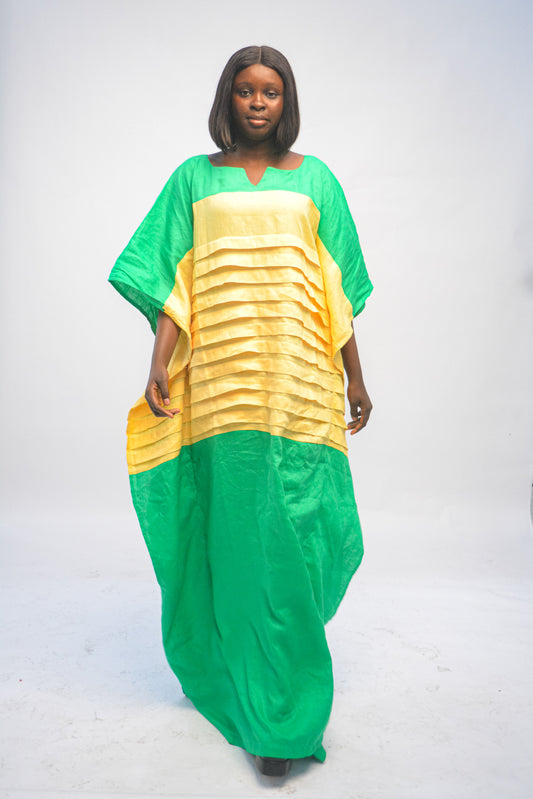 Long Pleated Dress - Green & Yellow
